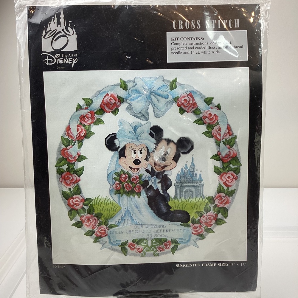 Disney Mickey Minnie Mouse Wedding Cross Stitch Kit 14 Count Aida 15x15 New Rare